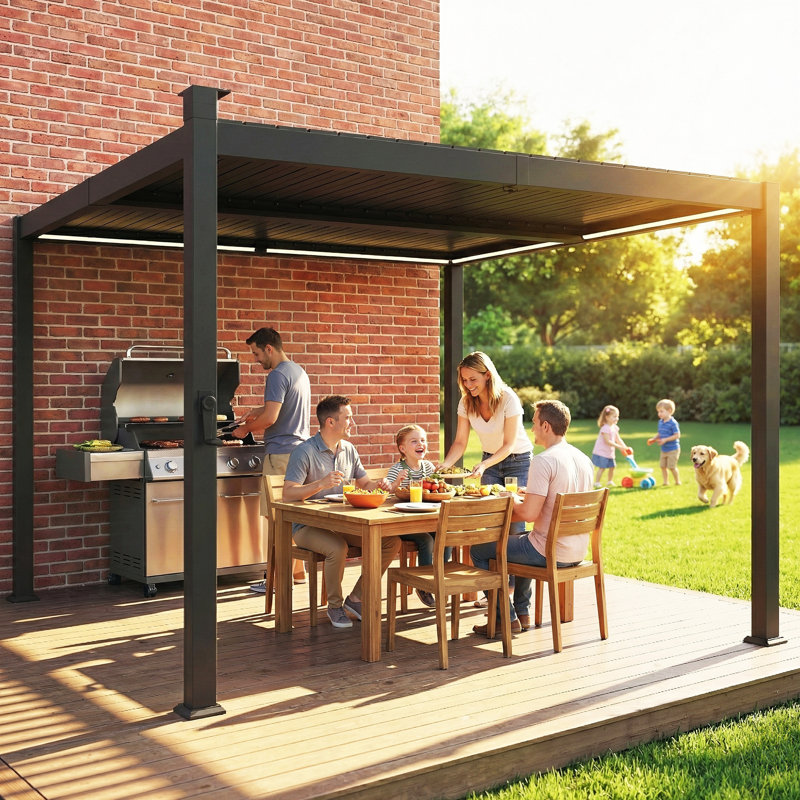 Outsunny 3x3 m Louvered Pergola w/Solar LED Lights, Drainage Gutters Black