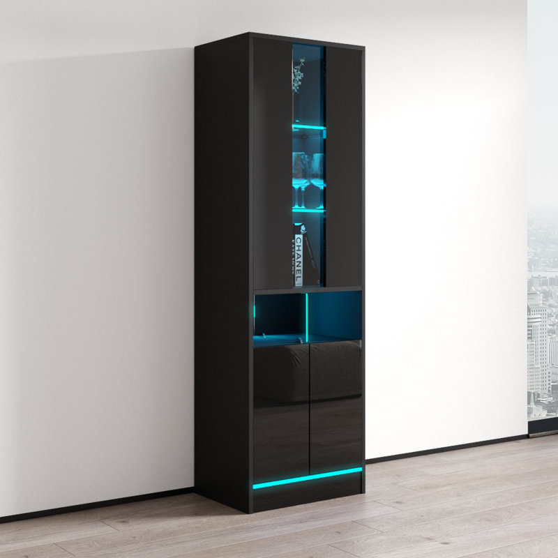 Alexin 22" Bookcase with 16-Color LED Lighting, High Gloss Finish, Black