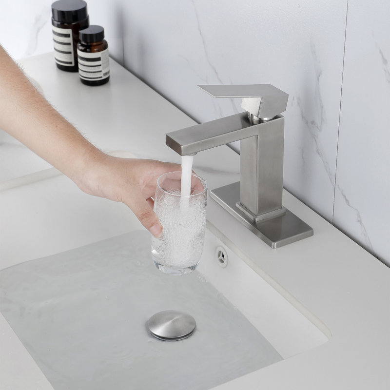 Robinet de lavabo de salle de bain à poignée simple avec drain escamotable (avec trop-plein), Nickel brossé