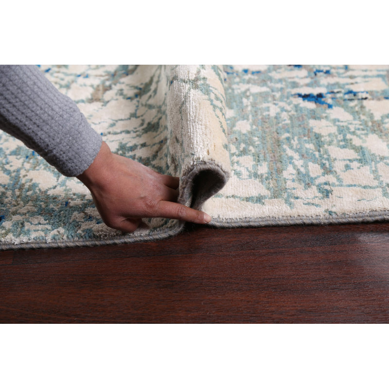 Tapis unique ivoire / gris / bleu noué à la main nouvel âge 9 pi x 12 pi