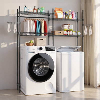 Over The Washer and Dryer Storage Shelf, 4 Tier Laundry Room Drying Rack with Hanger Rod and Hooks, Adjustable Over Washer and Dryer Shelves, Laundry Room Shelf Storage Space Saver
