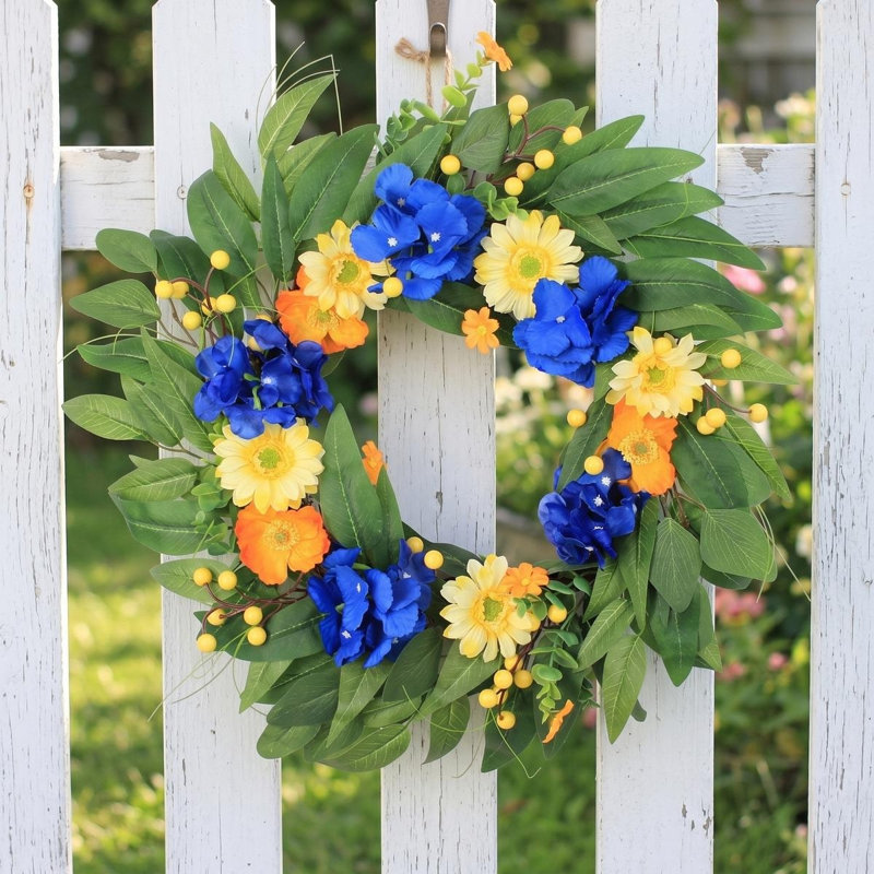 19.7" Summer Blue Hydrangea & Daisy Wreath For Front Door Decor
