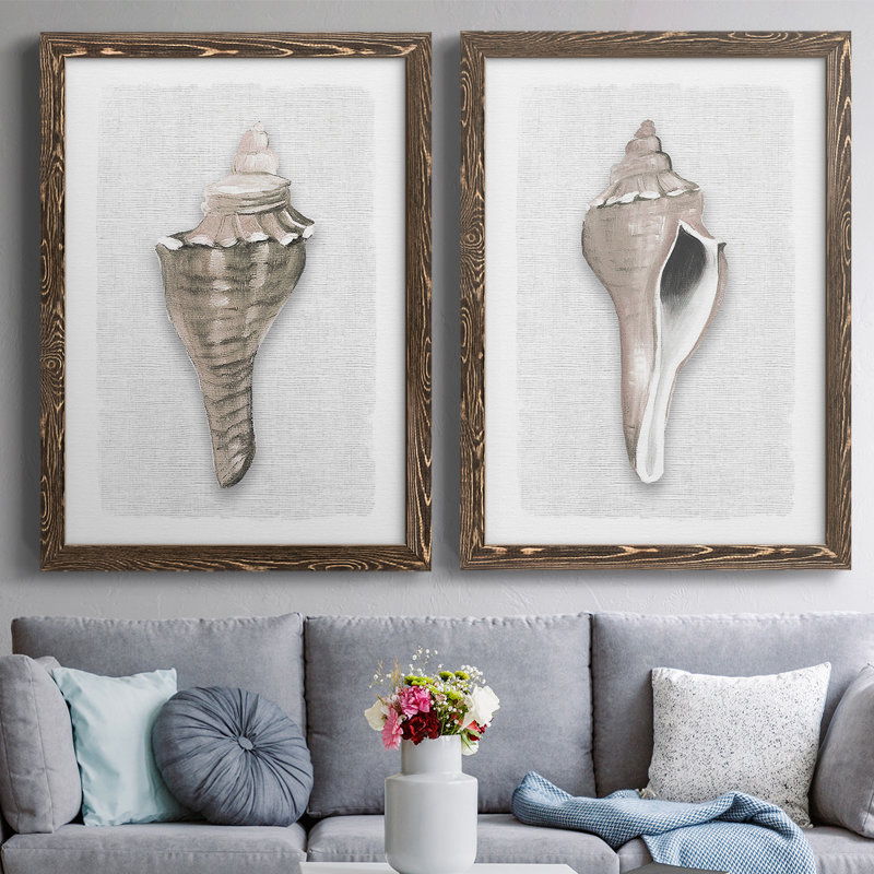 Sea Front Shell I - Toile encadrée de qualité supérieure - prête à être accrochée, H 31,5 po x l 88 po x P 1,5 po, Noyer