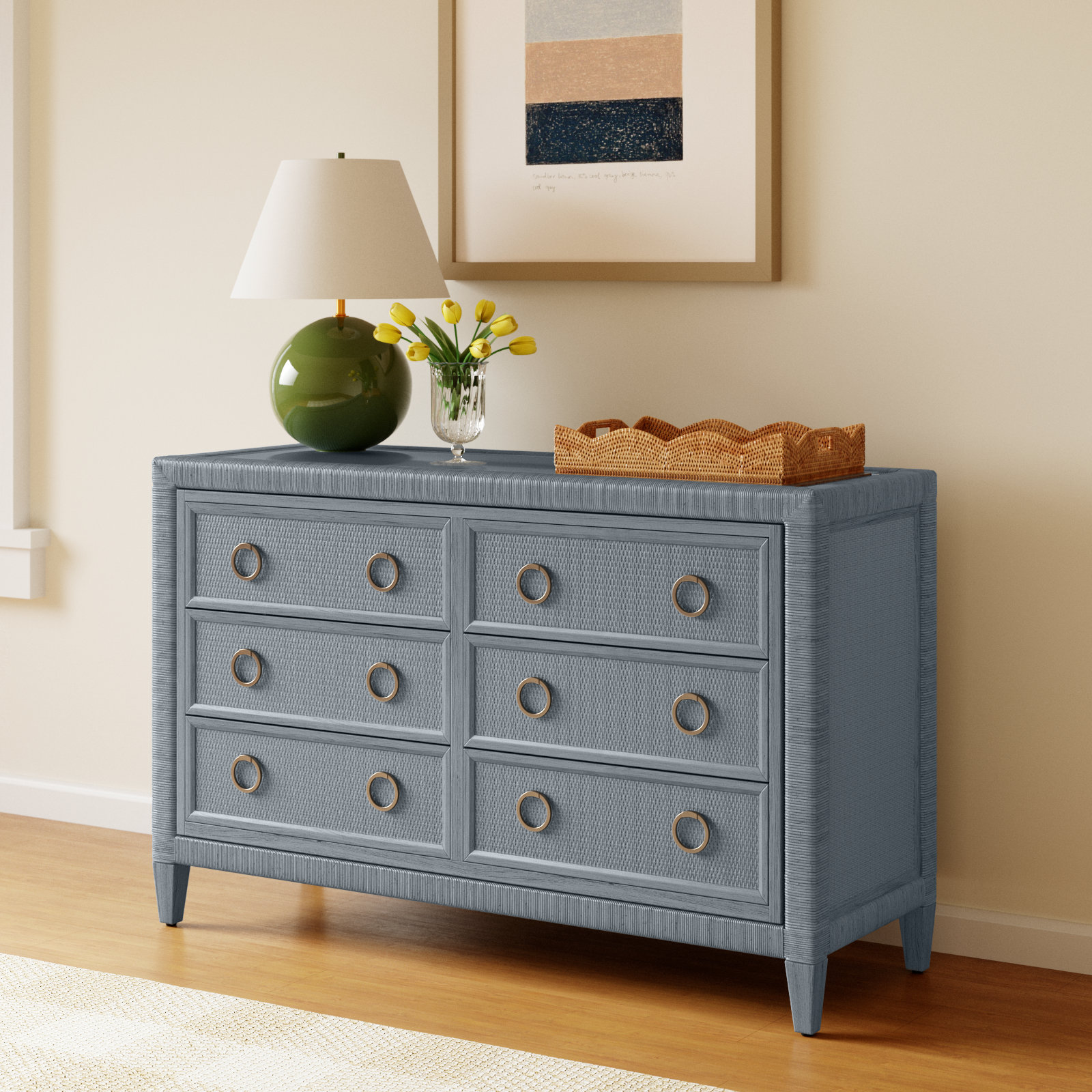 Warwick 6-Drawer 54" W Double Dresser, Sea Glass, Satin Brass