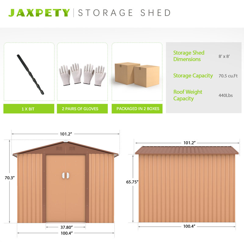 8' x 8' Brown Galvanized Steel Garden Storage Shed with Windows