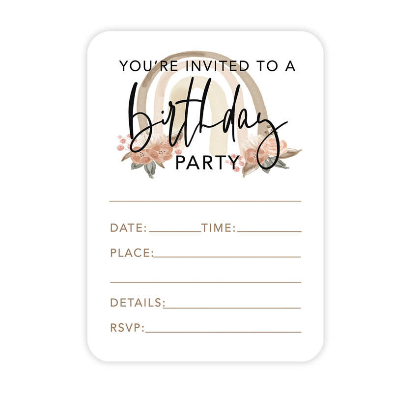Boho, invitations de fête d'anniversaire arc-en-ciel avec enveloppes, fournitures de fête d'anniversaire, 5 po x 7 po, paquet de 24