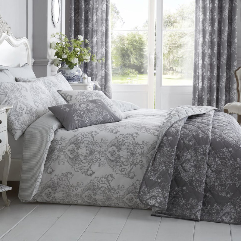 Hubert Cotton Blend Floral Duvet Cover Set with Pillowcases, Grey, Super King Duvet Cover + 2 Standard Pillowcases