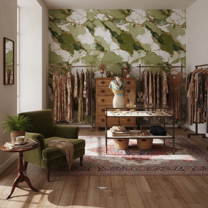 Papier peint marbre or vert