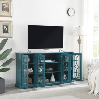63" Tv Stand & Sideboard Buffet Cabinet In Teal Blue - Ample Storage With 4 Doors 6 Adjustable Shelves, , Smooth Painted Surface, Exquisite Hardware Space, Retro Handles Antique Look