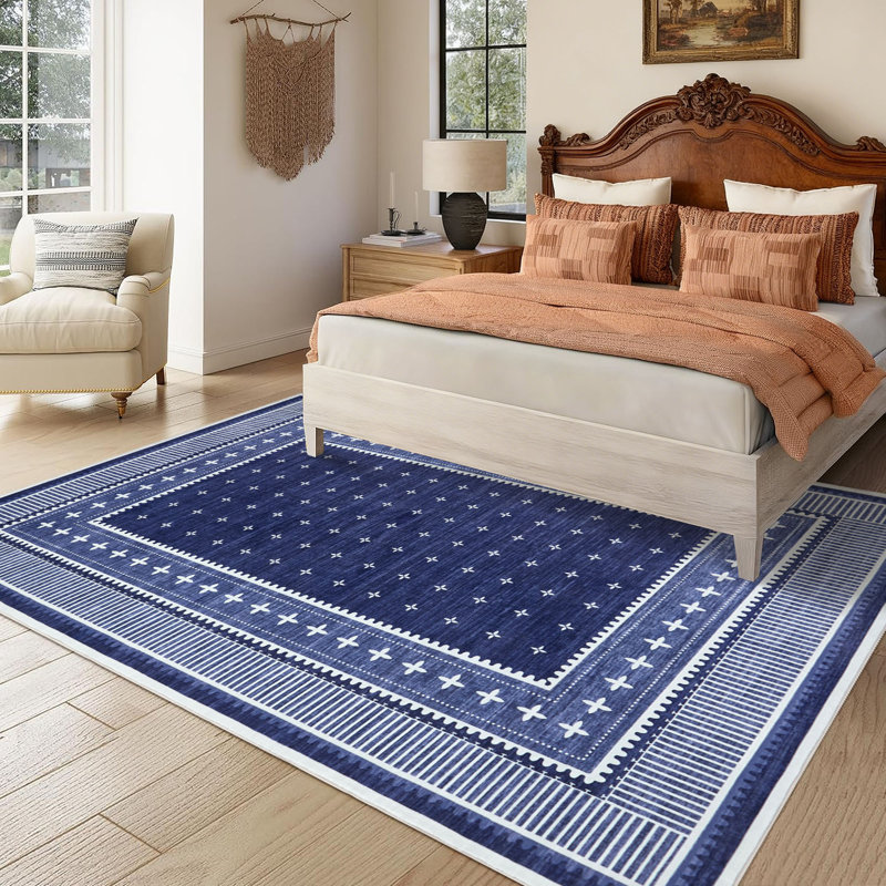 Tapis moderne lavable à la machine, Bleu, 8 x 10 pi