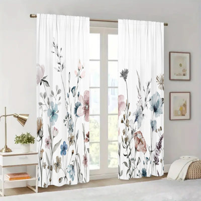 2Pcs Watercolor Floral Printed Curtains Semi Sheer Botanical White Curtain Rod Pocket Window Treatment Elegant Pastel Blue Pink Flower Pattern Vintage for Living Room Bedroom Dining Kitchen Office Home Decor