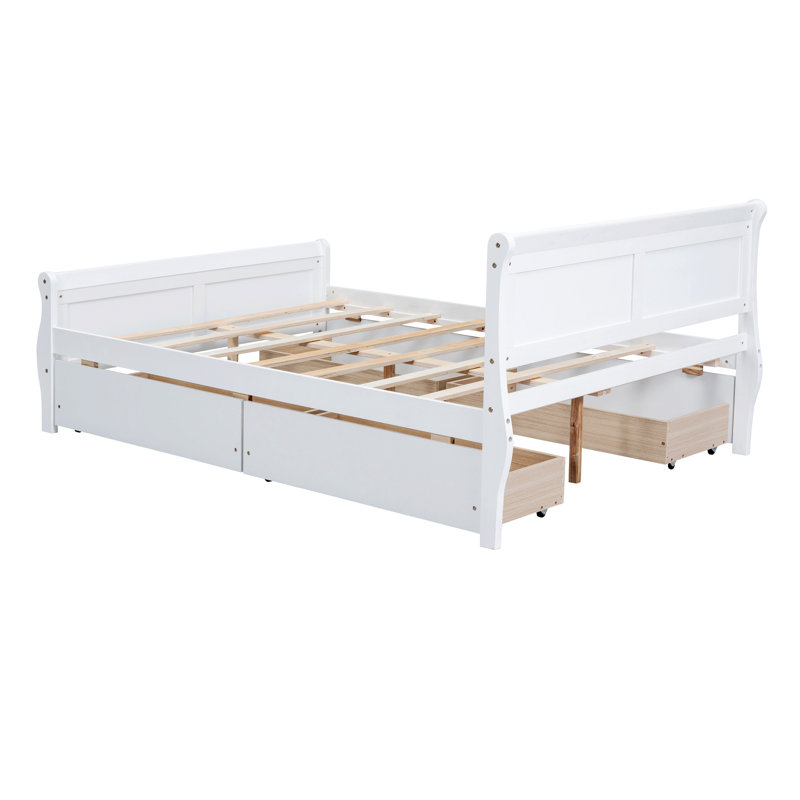 Lit plateforme avec rangement en bois massif Sebbie, Blanc, Full