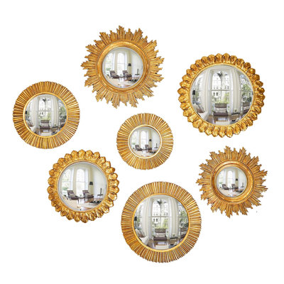 Ensemble de 7 miroirs muraux convexes à la feuille d'or, 28 cm de hauteur, en résine et verre, ronds et décoratifs, pour salon, chambre ou couloir.