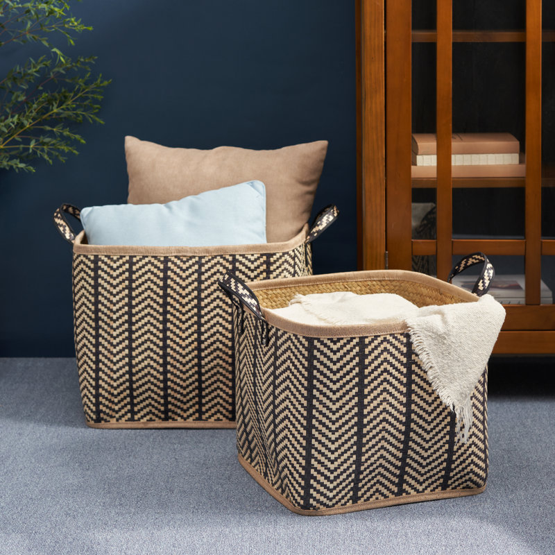 SOL HOME Isidore Square Palm Leaf Woven Wicker Storage Basket with Handles
