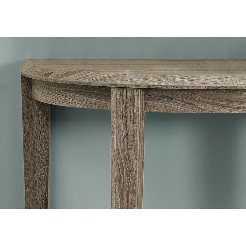 Table console demi-lune en panneaux de particules taupe avec plateau biseauté - Idéale pour une chambre ou une entrée. Finition stratifiée, panneau épais, pieds fuselés, plateau et espace de rangement supplémentaire.