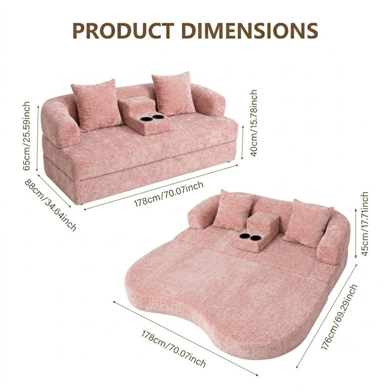 Canapé-lit convertible incurvé moderne de 178 cm avec console centrale amovible et porte-gobelets, canapé deux places en chenille résistant aux animaux, canapé de sol monobloc en mousse haute densité pour petit salon