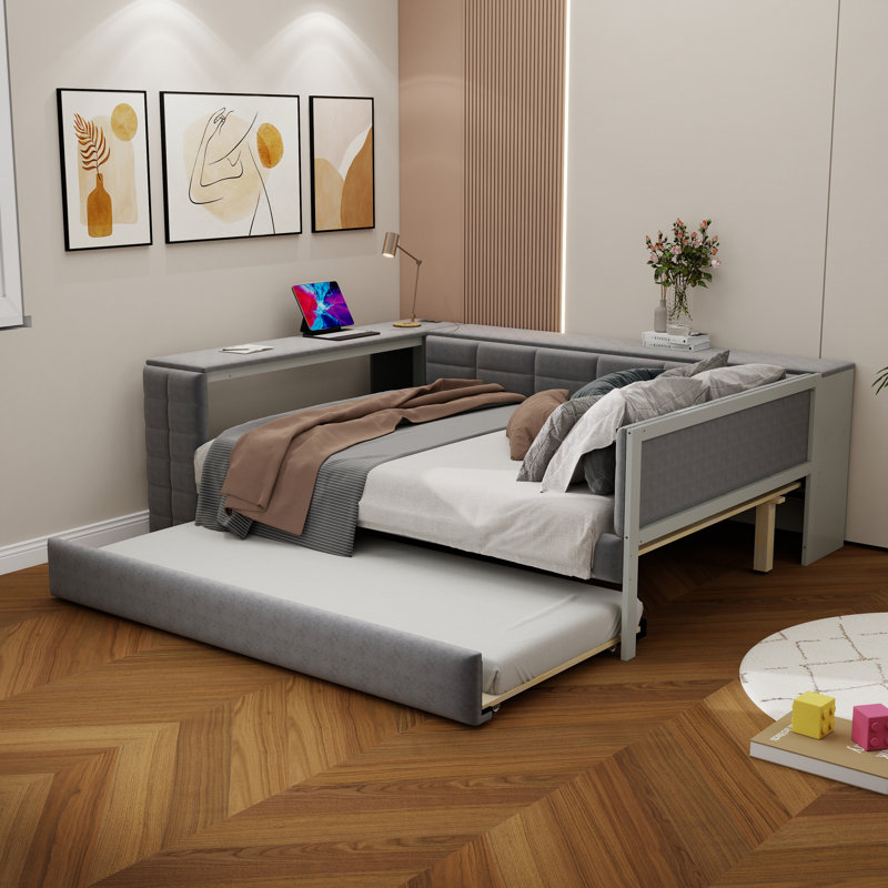 Lit plateforme double en velours avec tablettes de rangement, ports USB et bureau, gris