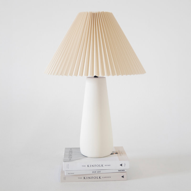 Gwen 25" Modern Tall Cement LED Bedside, Table, Desk Lamp With Cream Pleated Fabric Shade And Heavy Weighted Base - Light Bulb Included