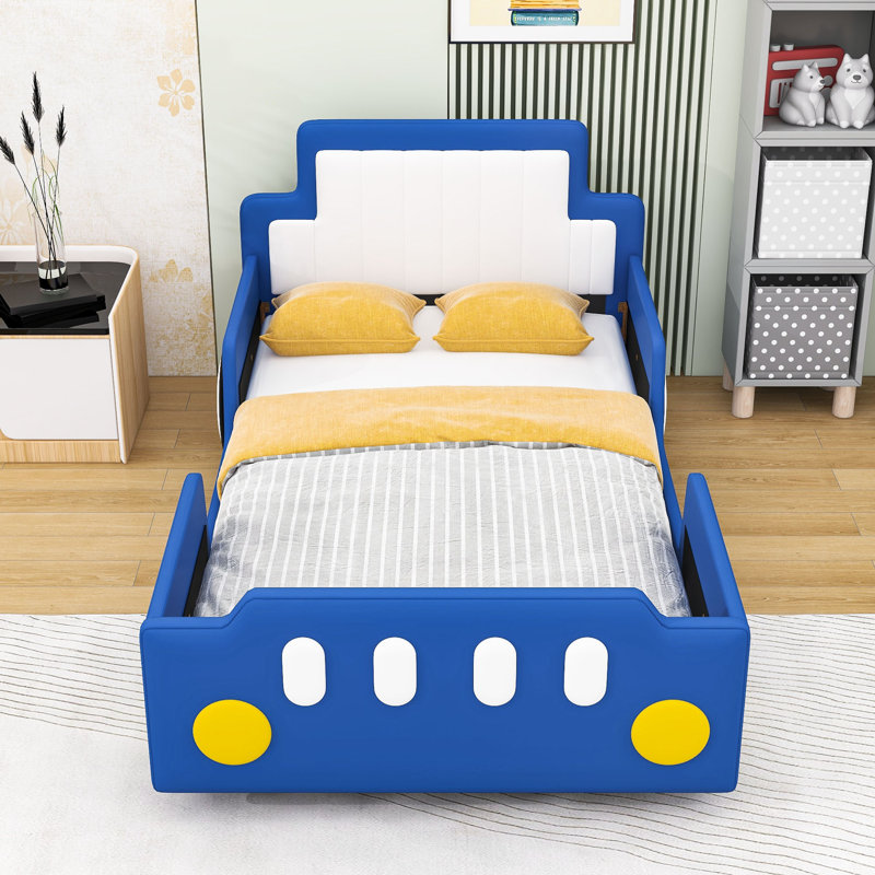 Lit plateforme simple en forme de voiture de course avec roues et lattes, Bleu