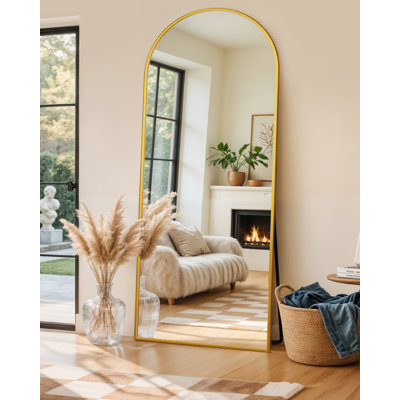 Full Length Standing Mirror 64x21 Inch With Gold Domed Top, Aluminum Frame For Bedroom