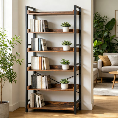 Adjustable Industrial Bookshelf, Vertical Wooden Bookcase With Metal Frame For Home Office, Living Room, Bedroom
