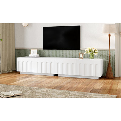 Meuble télé 80 po en blanc, table basse à double usage avec 4 tiroirs pour le rangement à domicile, sophistication arquée, stabilité de fabrication blanche et tiroirs, esthétique moderne, garantie de durabilité