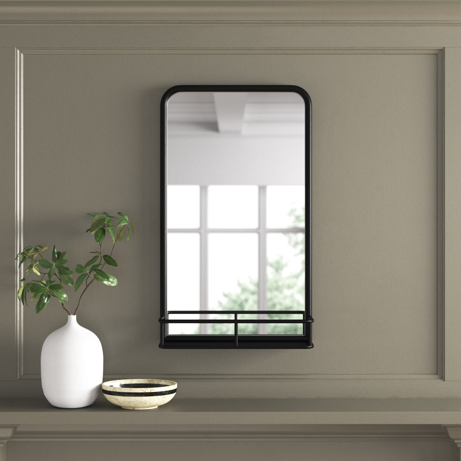 Koda Metal Rectangle Mirror with Shelves, Black