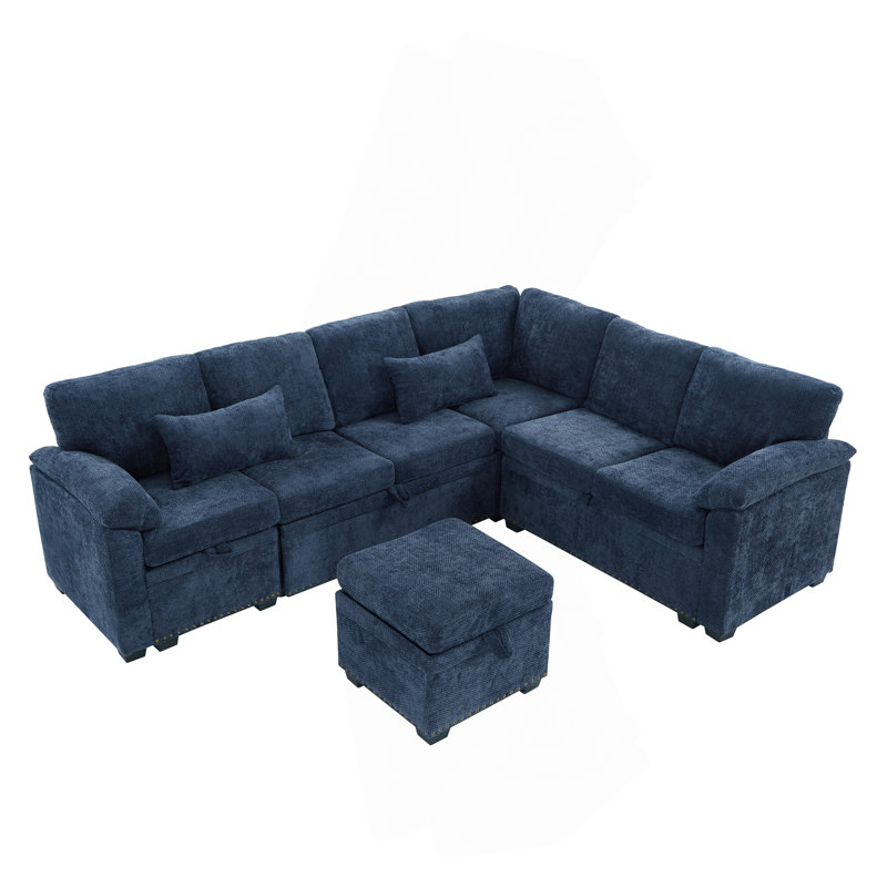 97" L-Shaped Upholstered Chenille Put-Out Sofa Bed Sectional with Storage Ottoman and 2 Pillows, Dark Blue Chenille
