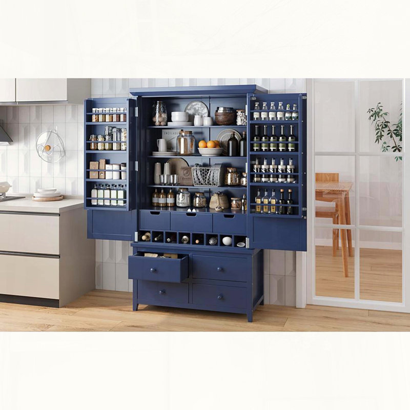Grand garde-manger avec 8 tablettes de porte, 7 tiroirs et support à vin, Bleu