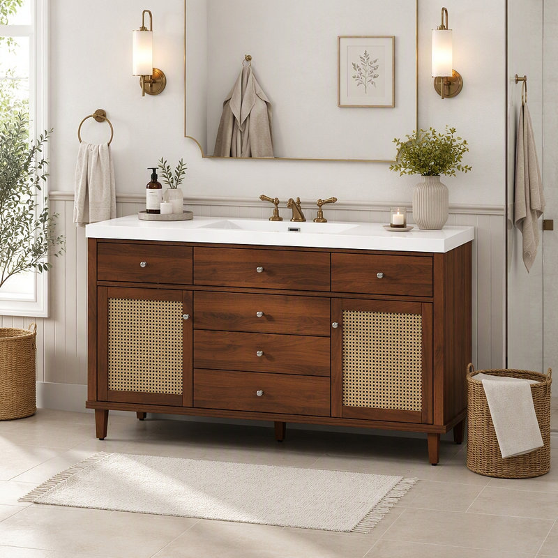 Meuble-lavabo de 60 po avec lavabo SMC, grande armoire de rangement moderne avec tiroirs à fermeture en douceur et portes en rotin, poignées en métal et 5 pieds en pin