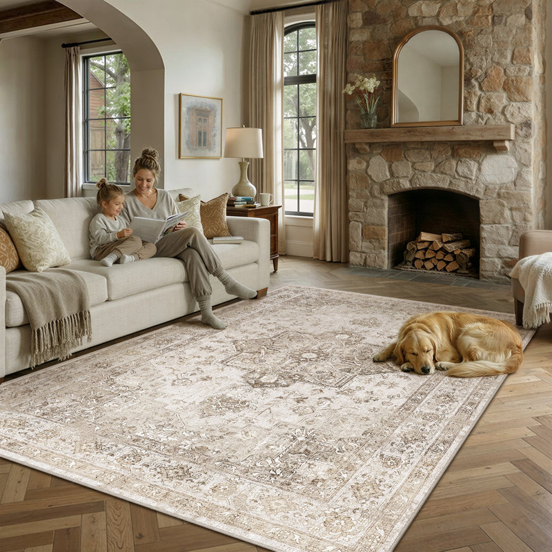 Tapis lavable rétro patiné avec envers antidérapant, Beige, Rectangulaire 8 pi x 10 pi