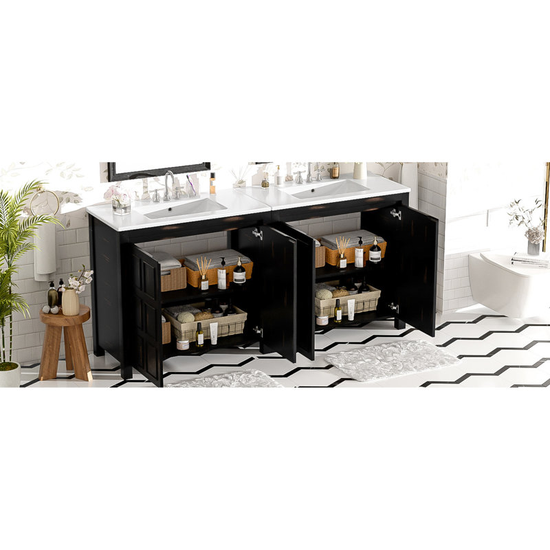 Armoire de salle de bain 72 po avec double meuble-lavabo, lavabos en céramique, portes, éviers de rangement intérieurs spacieux de style rétro, poignées cachées en céramique pour un look élégant