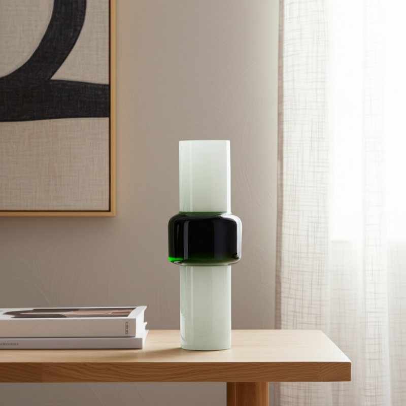 Modern Glass Vase with Sculptural Silhouette and Contemporary Cylindrical Design for Stylish Shelf or Tabletop Decor Display in Handcrafted Artisan Glass Form
