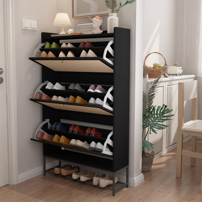 28 Pair Shoe Storage Cabinet with 3 Flip Drawers, Black