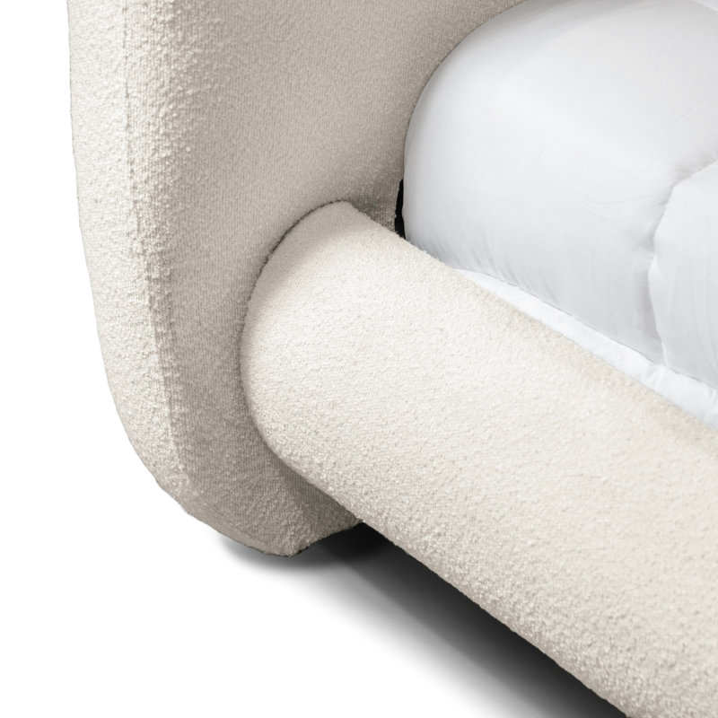Très grand lit blanc, revêtement Boucle, apparence contemporaine, bois d'hévéa massif et bois d'ingénierie, pieds ronds en bois de chignon pour lit de chambre à coucher, fabrication blanche,