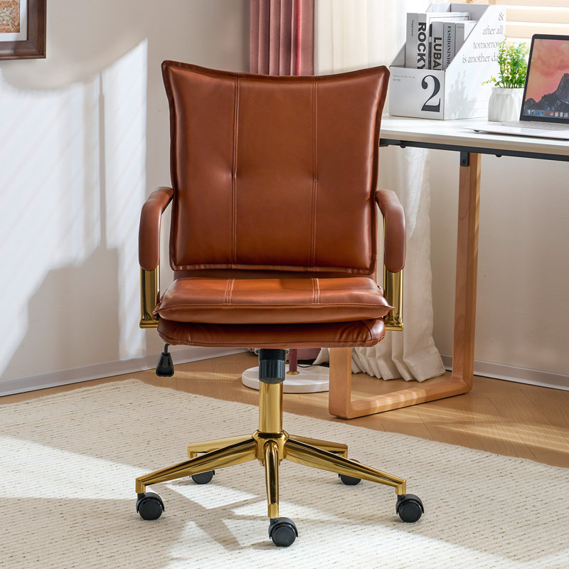 Dareece Leather Task Chair with Padded Arms, Caramel