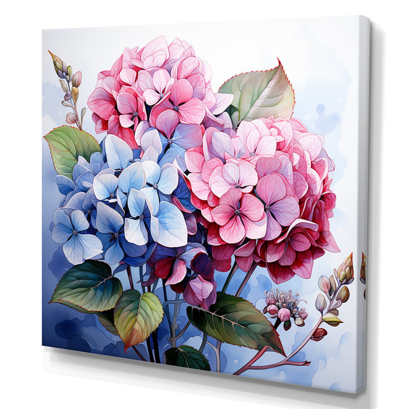 Hortensia rose et mauve harmonie II - art mural hortensia, H 36 po x l 36 po x P 1,5 po, Toile tendue