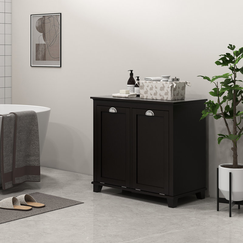 Bathroom Floor Cabinet With Tilt Out Hamper, Dual Compartment. Modern Washroom Storage, Black. Large Towel Holder. Separate Storage For & Dark. Made, Water-. Toppling Design. Wall-Fixable. 30" W X
