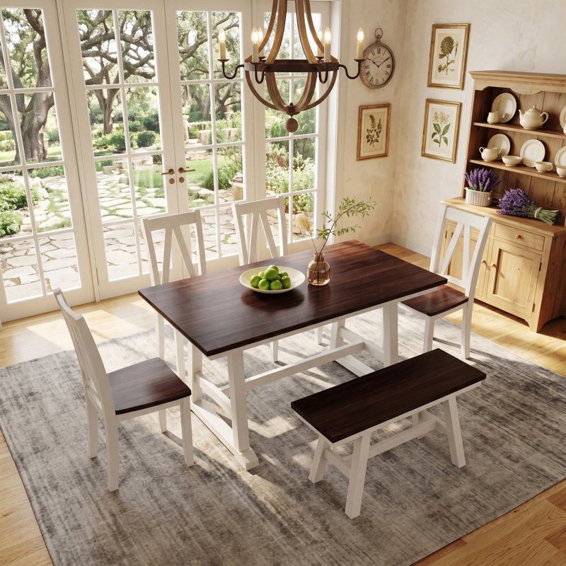 Ensemble de table de salle à manger 6 pièces avec banc et 4 chaises, pieds en bois massif et long entrejambe, Espresso+White