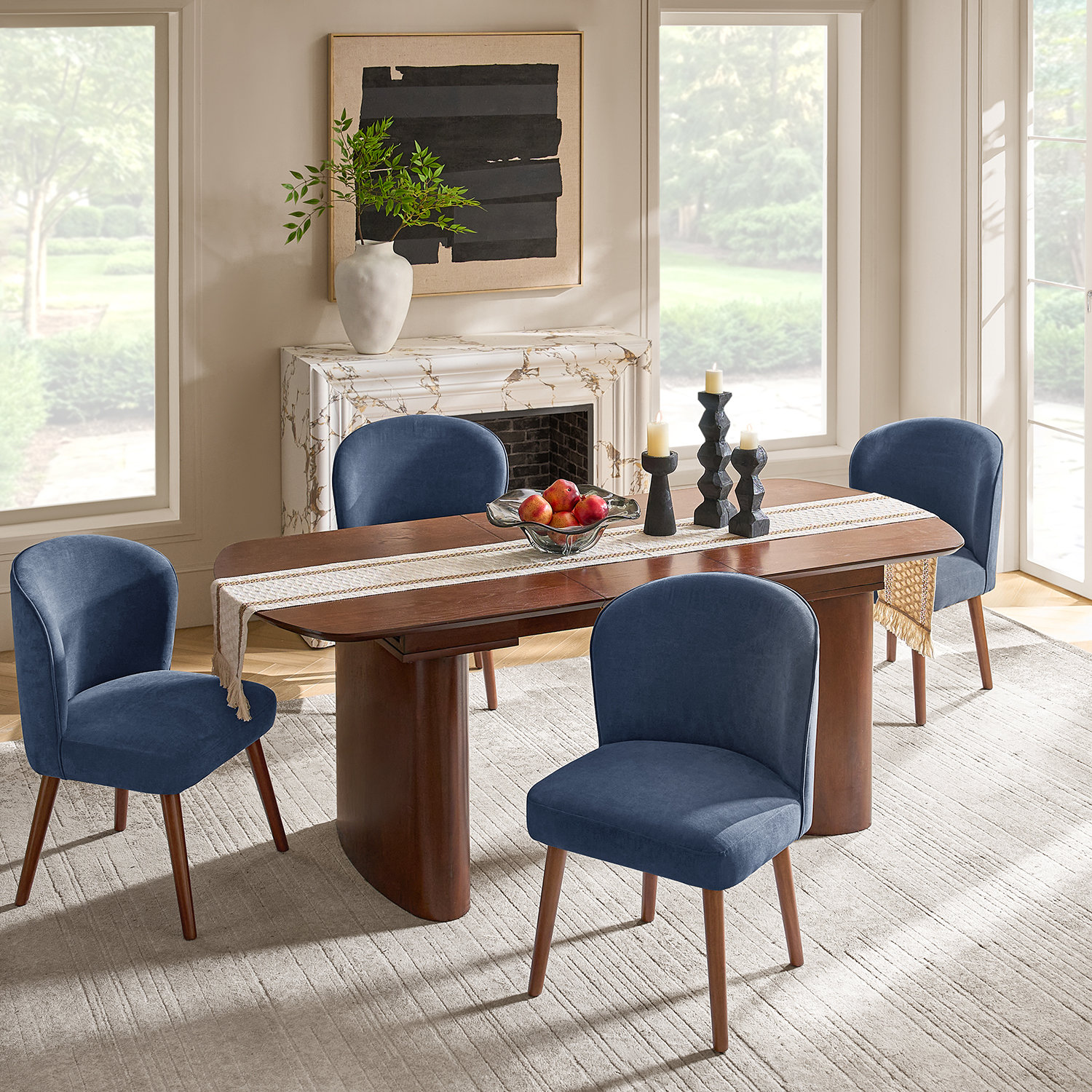19" H Upholstered Dining Chairs with Solid Wood Legs, 4, Slate Blue