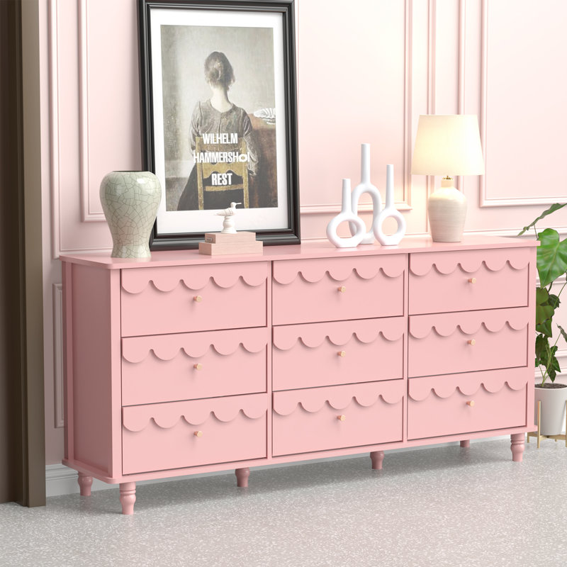 9 - Drawer 63.1"w Flower Decoration Dresser, Pink