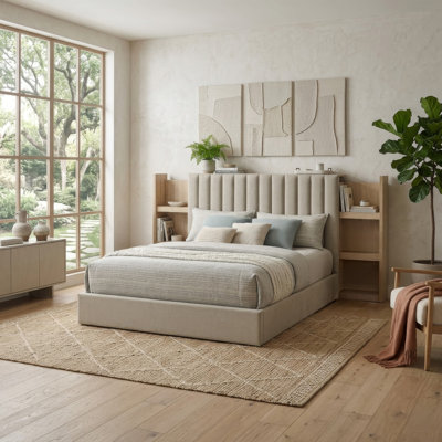 Poxy Queen Bed with Pull-Out Bookcase, Light Tan Channel Tufted Fabric