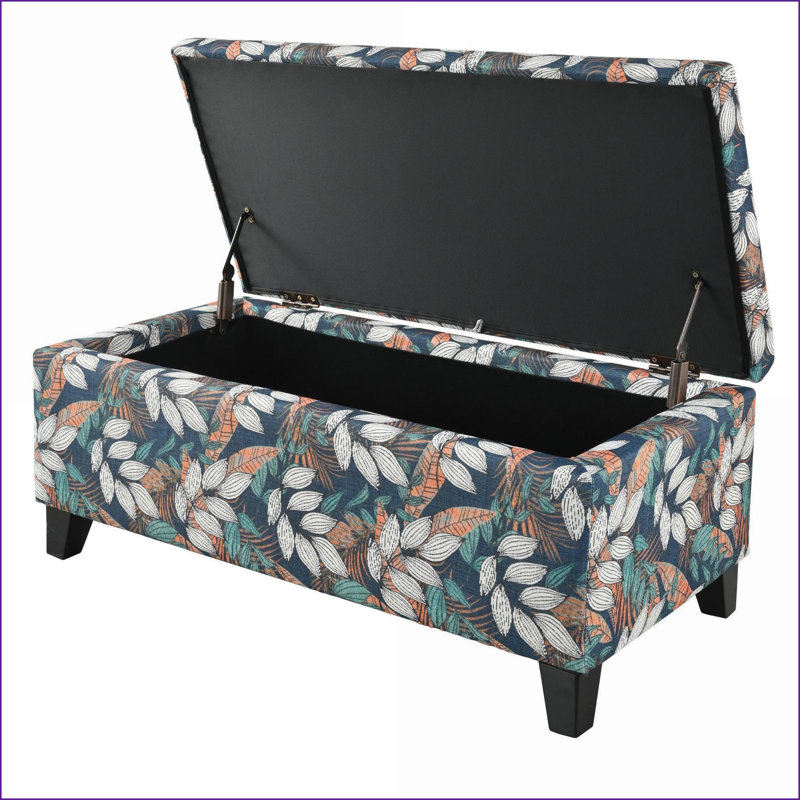 Repose-pieds avec rangement, rembourré pour le salon / bureau / chambre à coucher | Noir | Cadre en bois, Yellow/Blue Floral