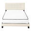 Lit tapissier beige en lin avec pieds noirs stables et tête de lit plateforme
