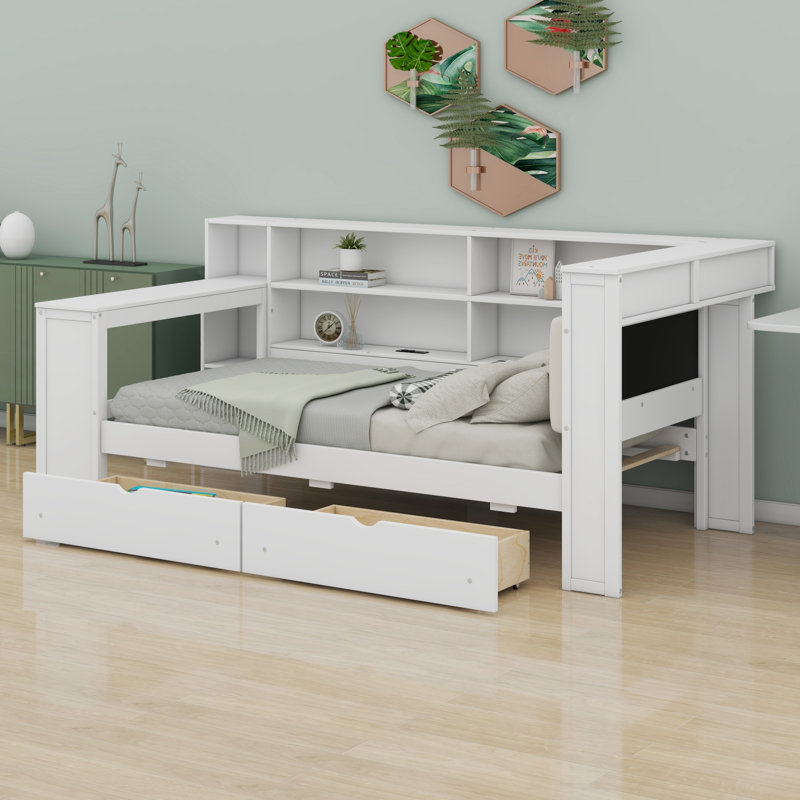 Lit plateforme avec rangement en bois avec tête de lit tapissier, bureau intégré, tablettes, DEL et station de charge