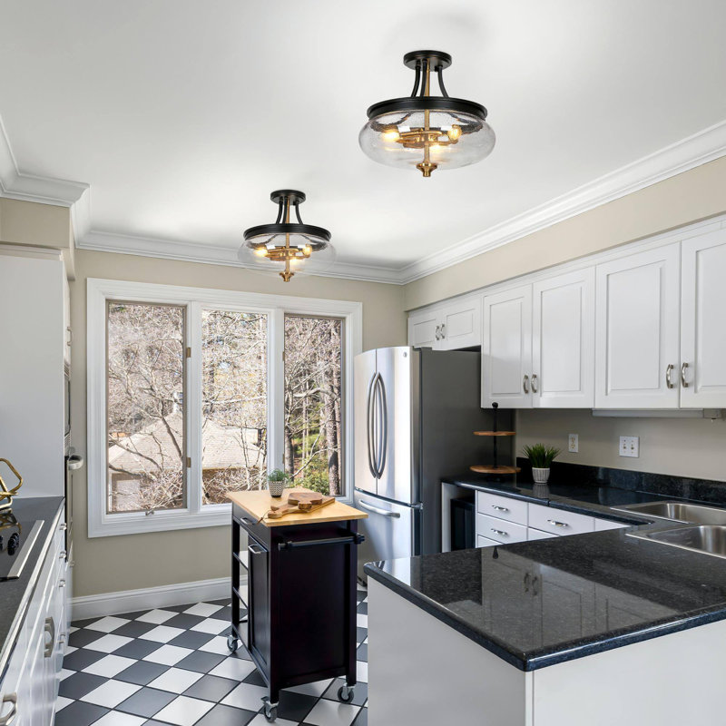 3-Light 14.2 in. Modern Transitional Black Semi-Flush Mount Light, Gold Ceiling Light for Foyer, Kitchen, Bedroom