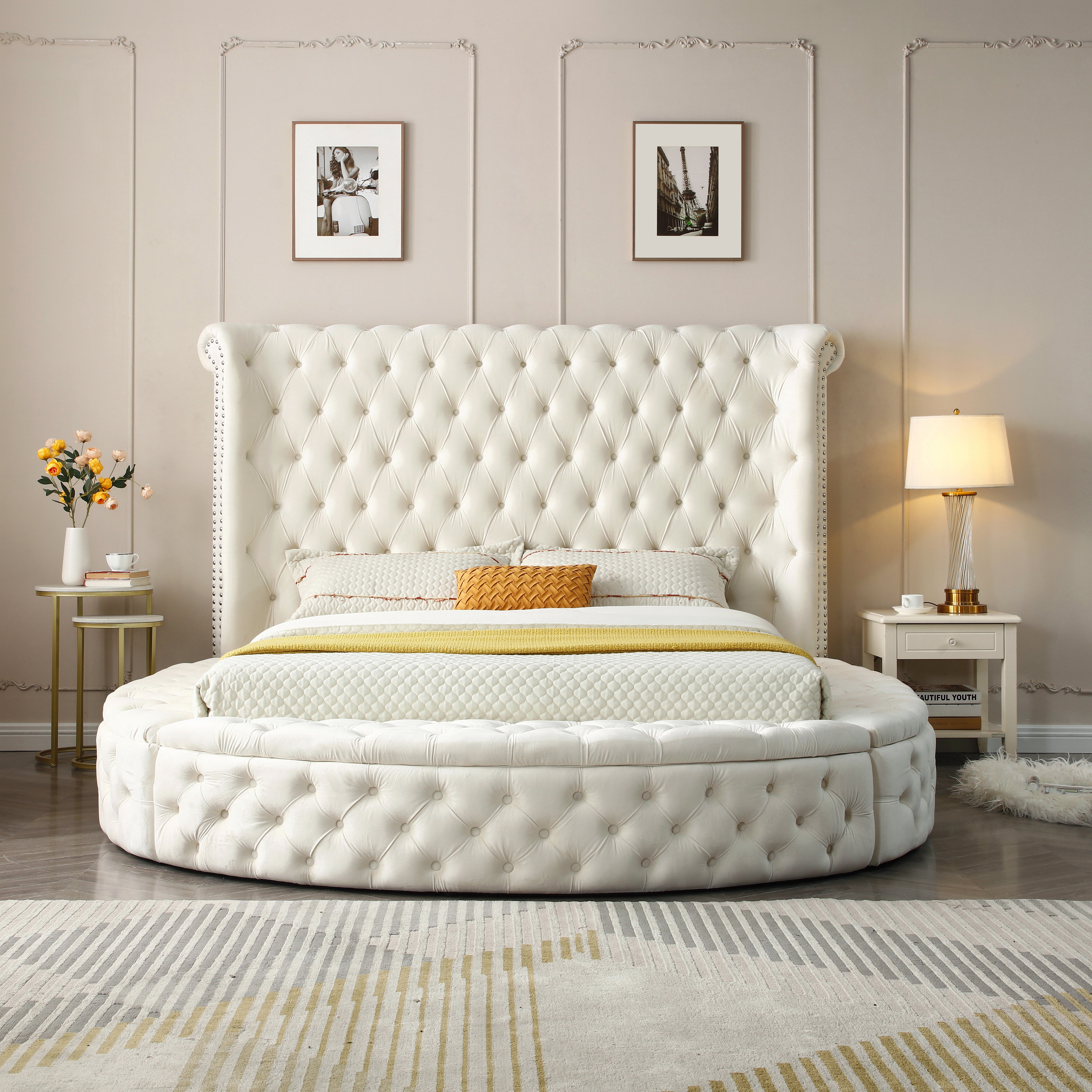 Mirna Upholstered Velvet Round Storage bed with Wingbacks