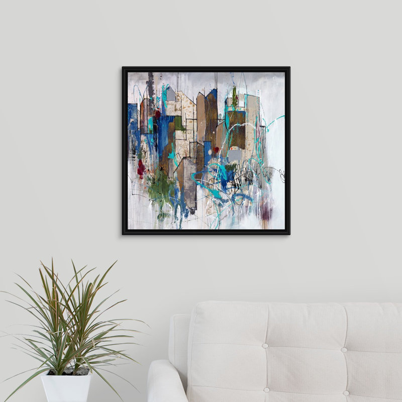 « stomping ground oreillers », peinture sur toile, Cadre flottant noir, H 21,7 po x l 21,7 po x P 1,75 po