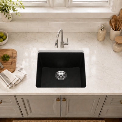 17" L x 17" W Matte Black Quartz Undermount Kitchen Sink, Granite Composite Single Bowl Prep Sink with Sink Grid, Strainer and Roll-up Rack