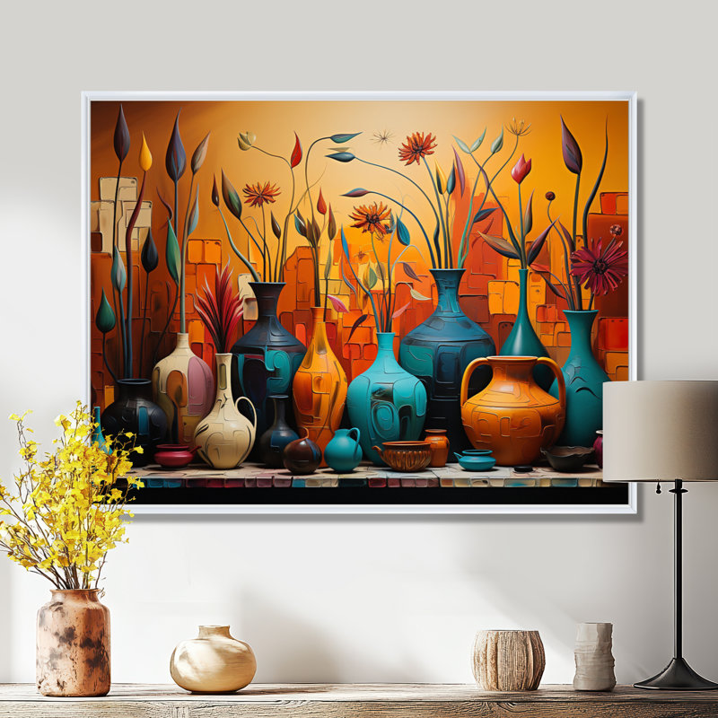 «Orange Boho Pottery Expressions I», art sur toile Boho Pottery, H 12 po x l 20 po x P 1 po, Cadre flottant blanc
